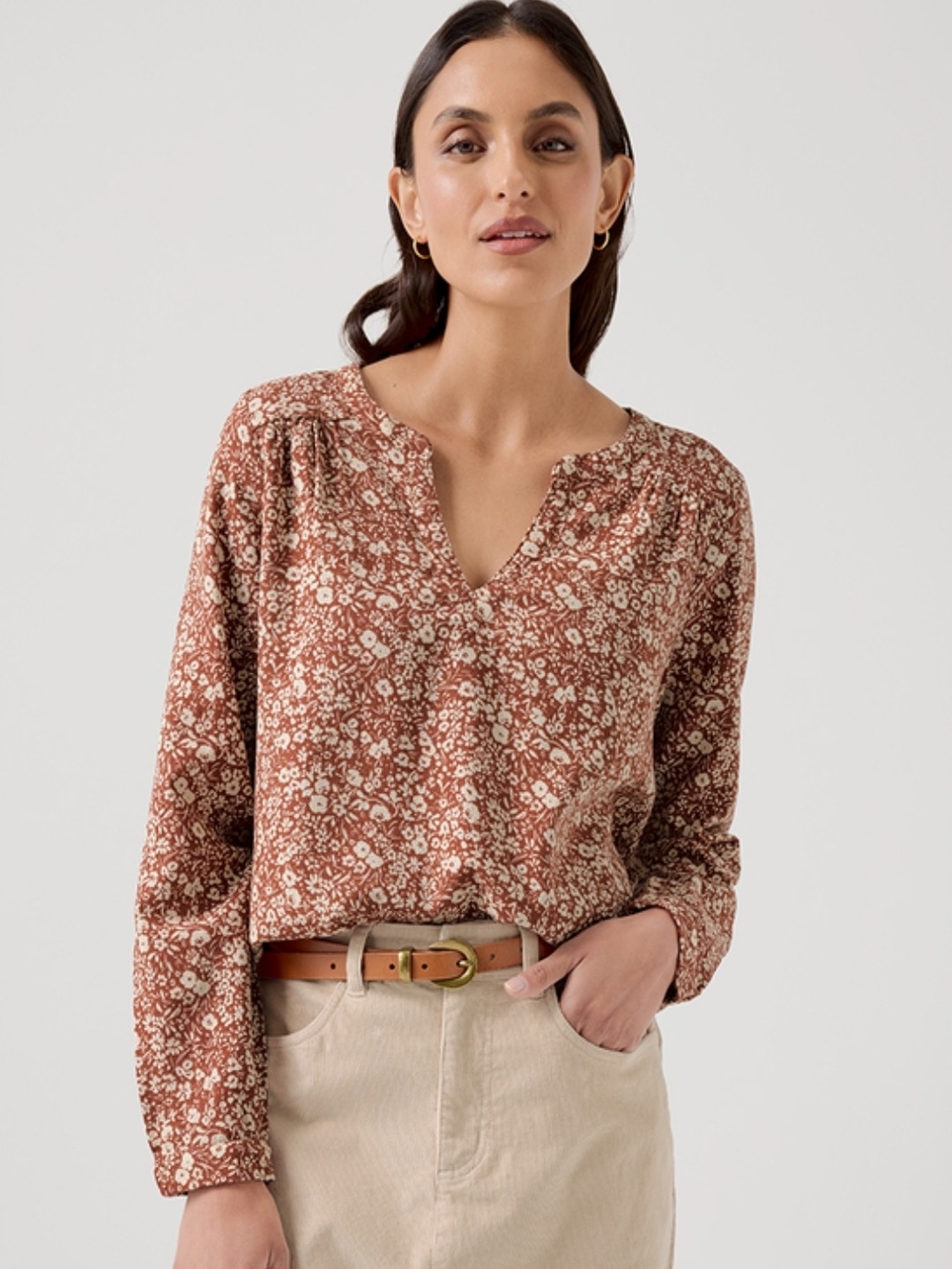 NWT Pact Organic Cotton Baked Clay Prairie Floral Cafe Crepe Poet Blouse XS
